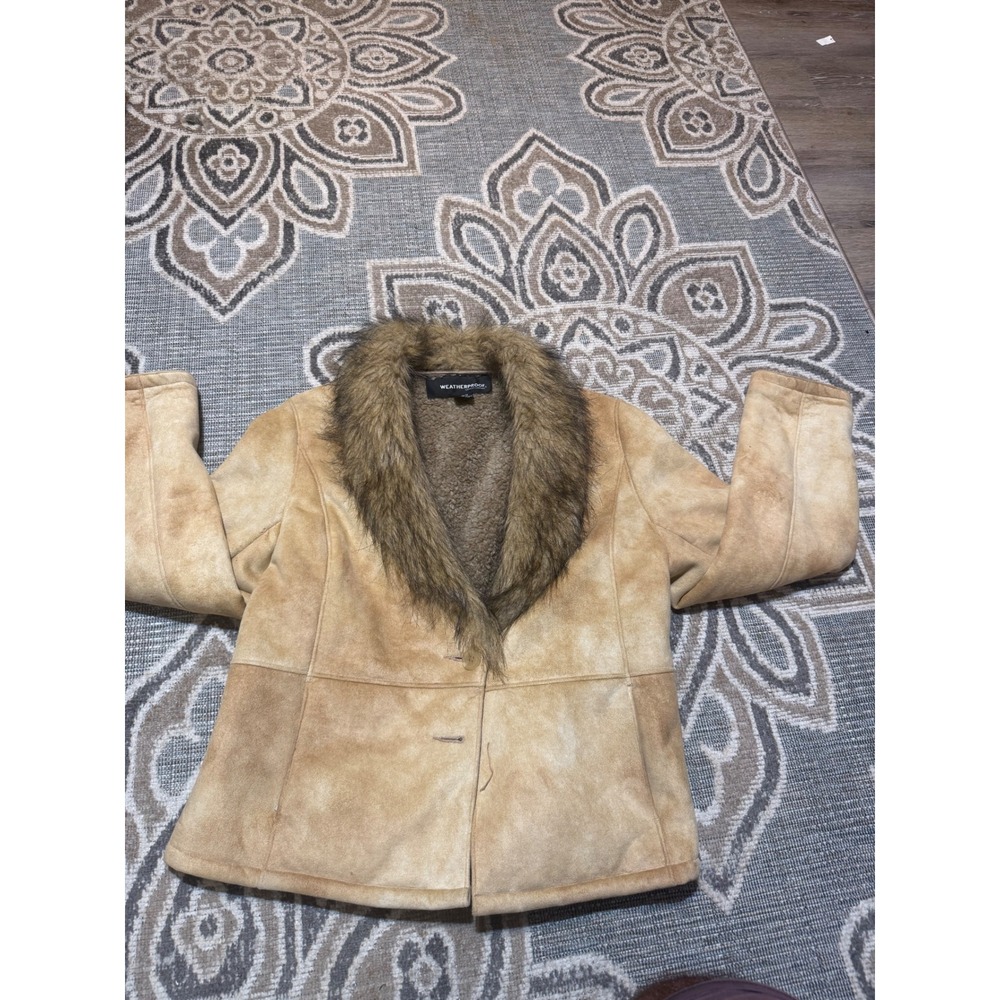 Weatherproof Faux Suede Shearling Jacket Tan Faux Fur Collar Womens Large